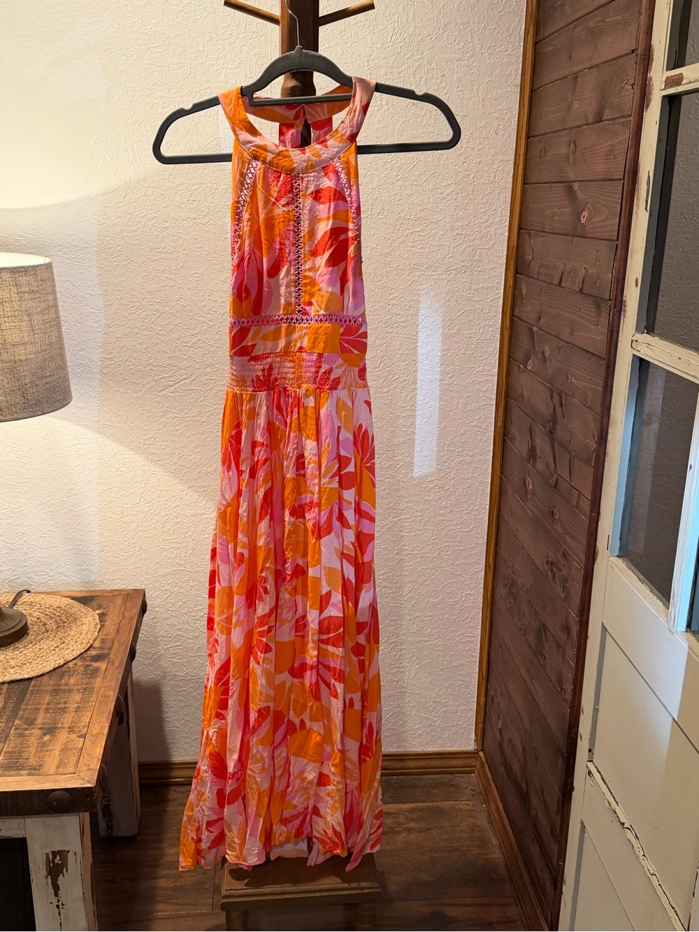 Sleeveless Halter Maxi Dress in Orange and Pink Floral